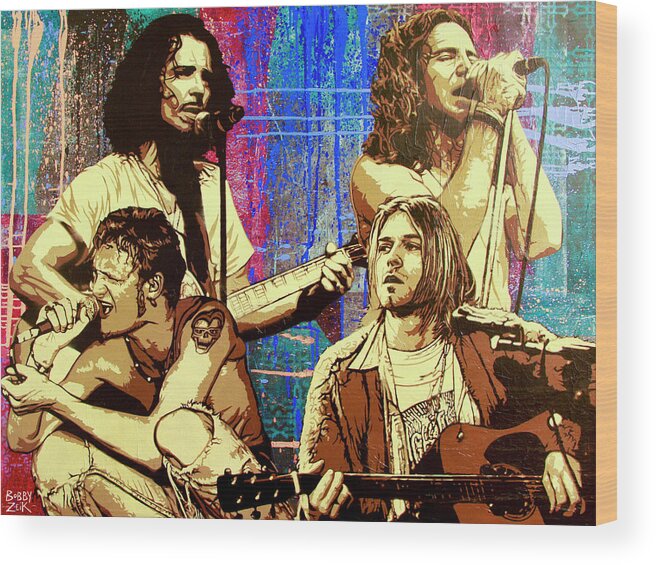 Chris Cornell Wood Print featuring the painting Them Bones Are Louder Than Love In A Corduroy Heart-Shaped Box by Bobby Zeik