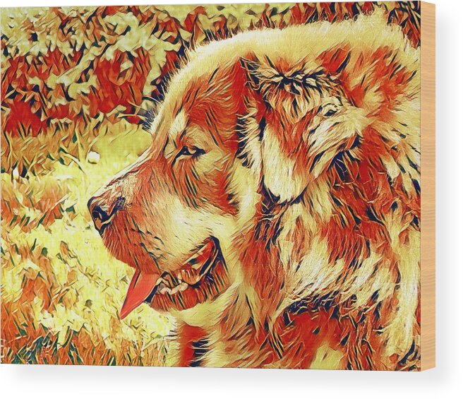 Tibetan Mastiff Wood Print featuring the digital art Tibetan Mastiff dog sitting profile with its mouth open - sandwisp and tabasco colors by Nicko Prints