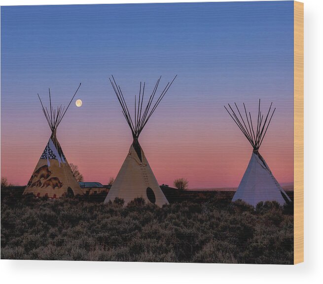 Taos Wood Print featuring the photograph Tipis with Morning Full Worm Moon by Elijah Rael