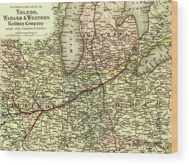 Rails Wood Print featuring the drawing Toledo Wabash and Western Railway Company 1873 by Vintage Railroad Maps