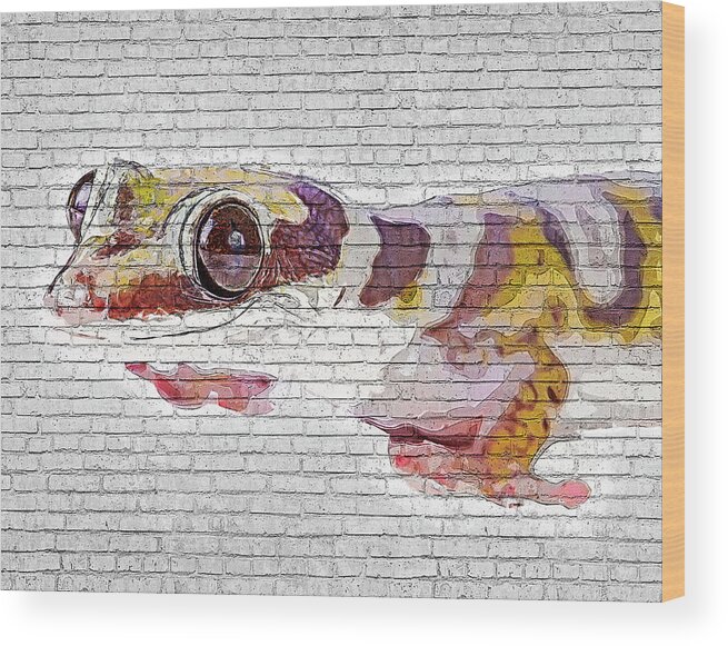 Lizard Wood Print featuring the painting Totes adorb, Leppard Gecko - Brick Block Background by Custom Pet Portrait Art Studio