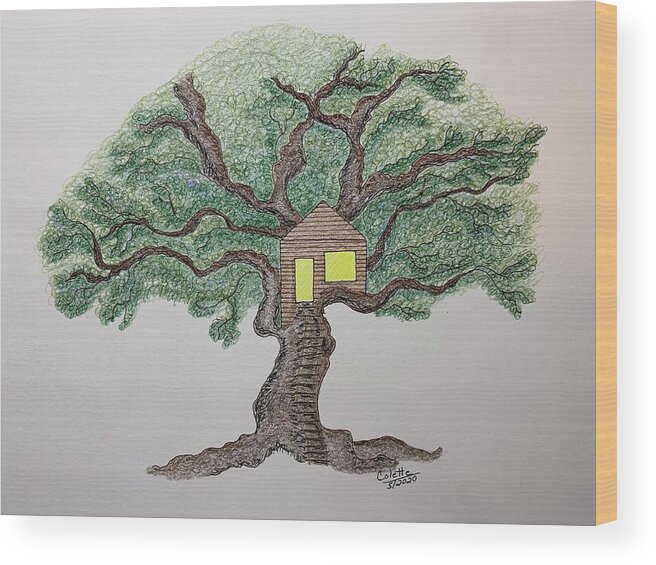 Treehouse Wood Print featuring the drawing Treehouse by Colette Lee