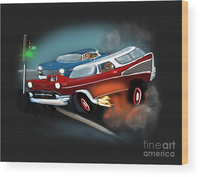 Tri Five Chevy Wood Print featuring the digital art Tri Five Chevy Drag Racing by Doug Gist