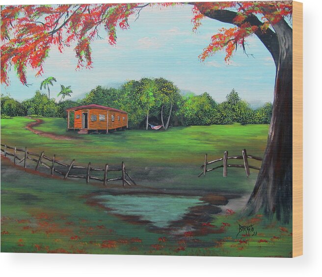 Country Living Wood Print featuring the painting Tropical Country Living by Gloria E Barreto-Rodriguez