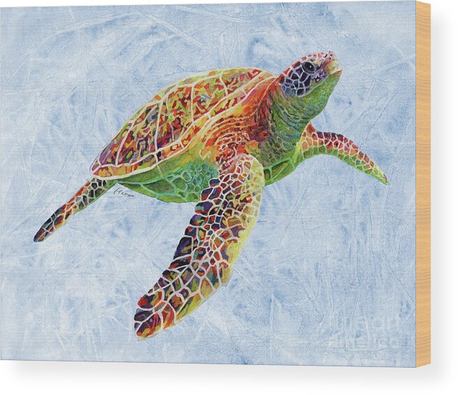 Turtle Wood Print featuring the painting Turtle Reflections on Blue by Hailey E Herrera