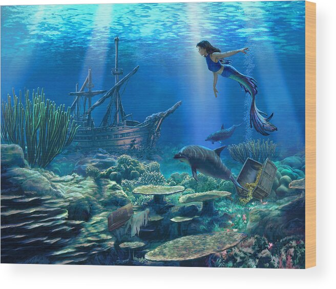 Mermaid Wood Print featuring the digital art Undersea Discovery by Stu Shepherd