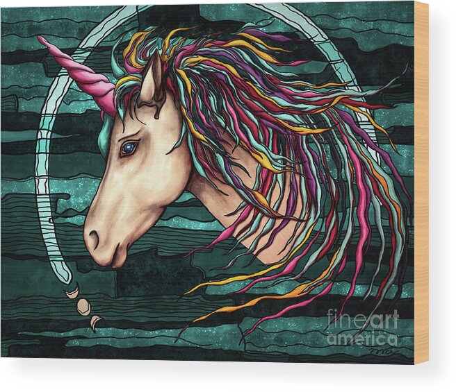 Unicorn Wood Print featuring the painting Boho unicorn with moon phases, rainbow unicorn by Nadia CHEVREL