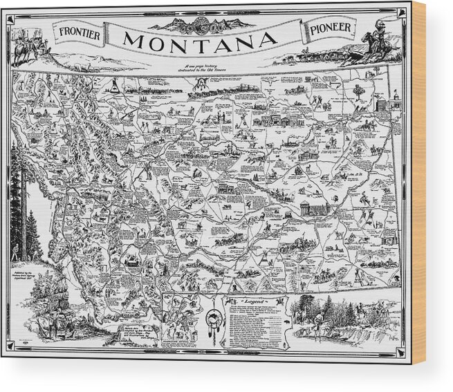 Montana Wood Print featuring the photograph Vintage Montana Frontier Pioneer Map 1937 Black and White by Carol Japp