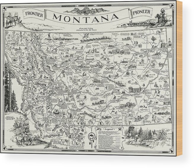 Montana Map Wood Print featuring the photograph Vintage Montana Frontier Pioneer Map 1937 by Carol Japp