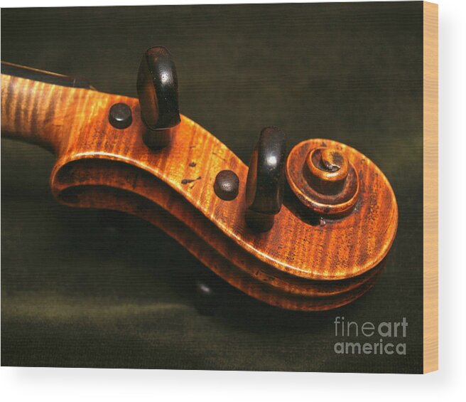 Violin Wood Print featuring the photograph Violin Scroll on Dark Green Velvet by Anna Lisa Yoder