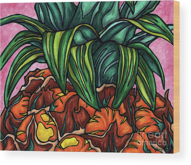 Pineapple Wood Print featuring the painting Vivid pineapple painting, exotic summer fruit by Nadia CHEVREL