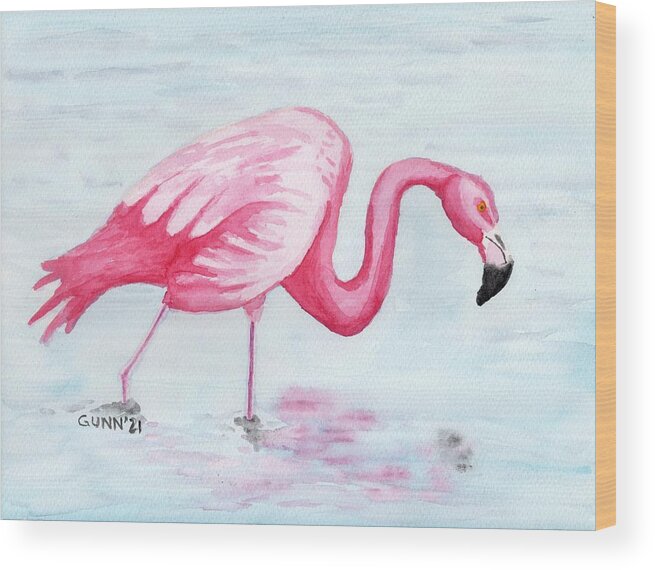Flamingo Wood Print featuring the painting Wading Flamingo by Katrina Gunn