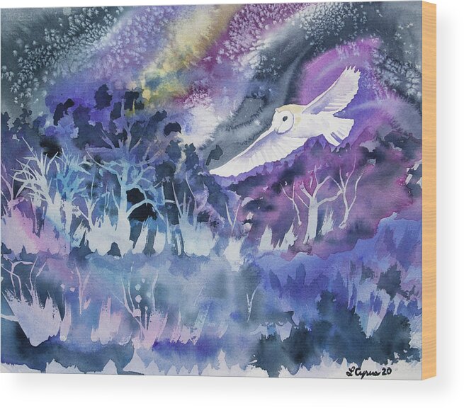 Barn Owl Wood Print featuring the painting Watercolor - Barn Owl at Night by Cascade Colors