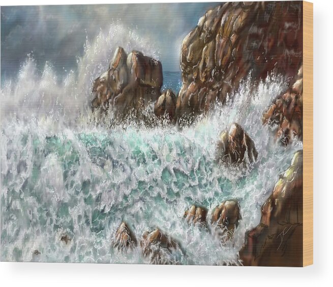 Wave Wood Print featuring the digital art Waves and Rocks by Darren Cannell