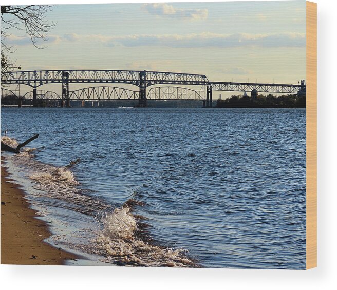 River Wood Print featuring the photograph Waves Lapping the Shore of the Delaware River Near Betsy Ross and Delair Memorial Railroad Bridges by Linda Stern