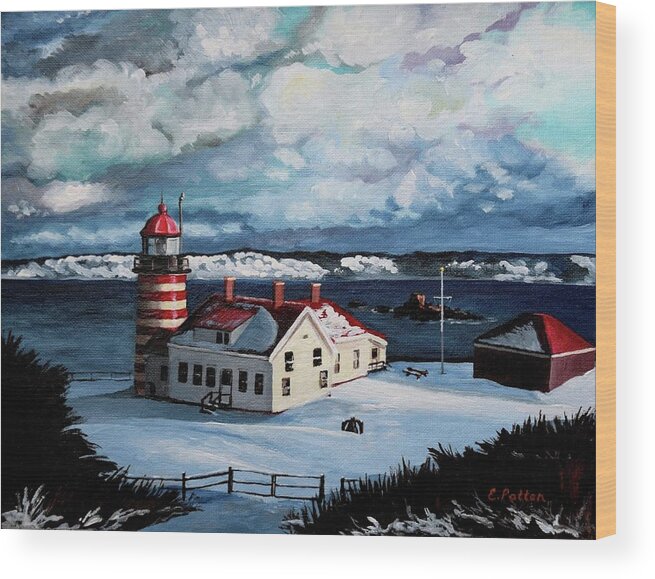Lighthouse Wood Print featuring the painting West Quoddy In Winter by Eileen Patten Oliver