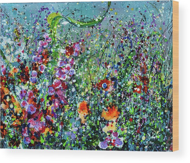 Blooming Wood Print featuring the painting Whimsical Spring by Lena Owens - OLena Art Vibrant Palette Knife and Graphic Design