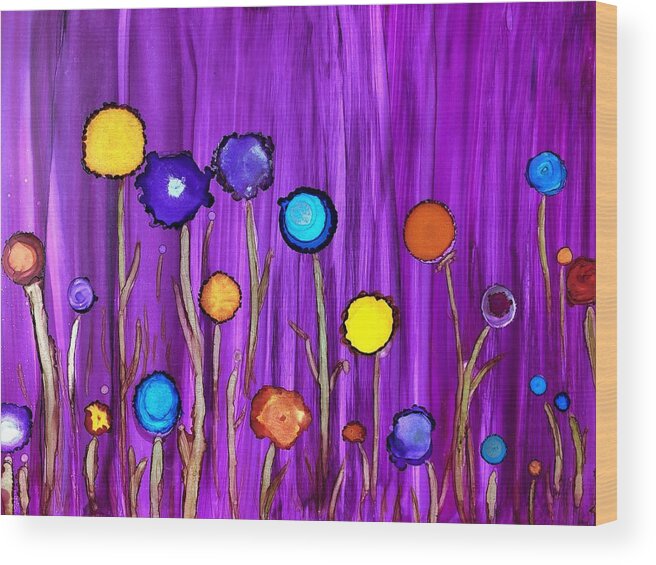 Wildflowers Wood Print featuring the painting Wildflowers Against Purple Background by Rachelle Stracke