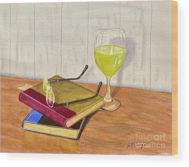 White Wine Wood Print featuring the painting Wine and a Good Book by Joseph Burger