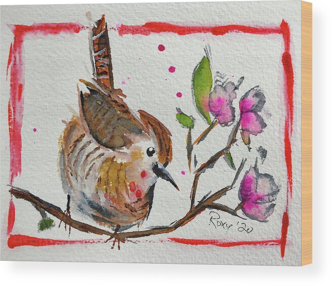 Wren Bird Wood Print featuring the painting Wren in a Cherry Blossom Tree by Roxy Rich