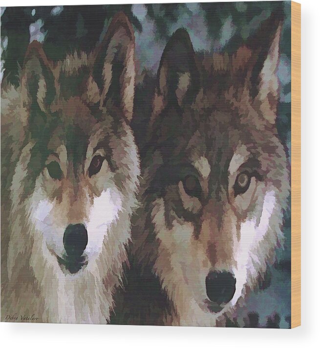 Wolf Couple Wood Print featuring the painting Together Forever Wolves by Debra   Vatalaro