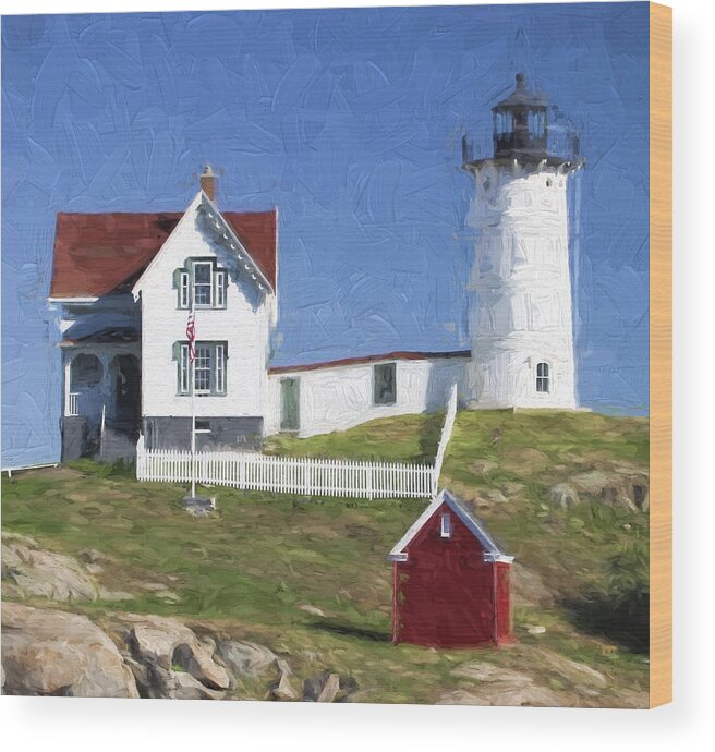 Light Wood Print featuring the photograph Nubble Lighthouse Maine Painterly Effect #2 by Carol Leigh