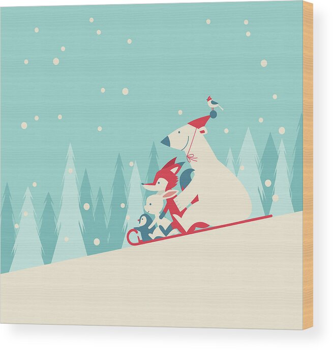 Snow Wood Print featuring the digital art Playing Snow Sled #1 by Akindo