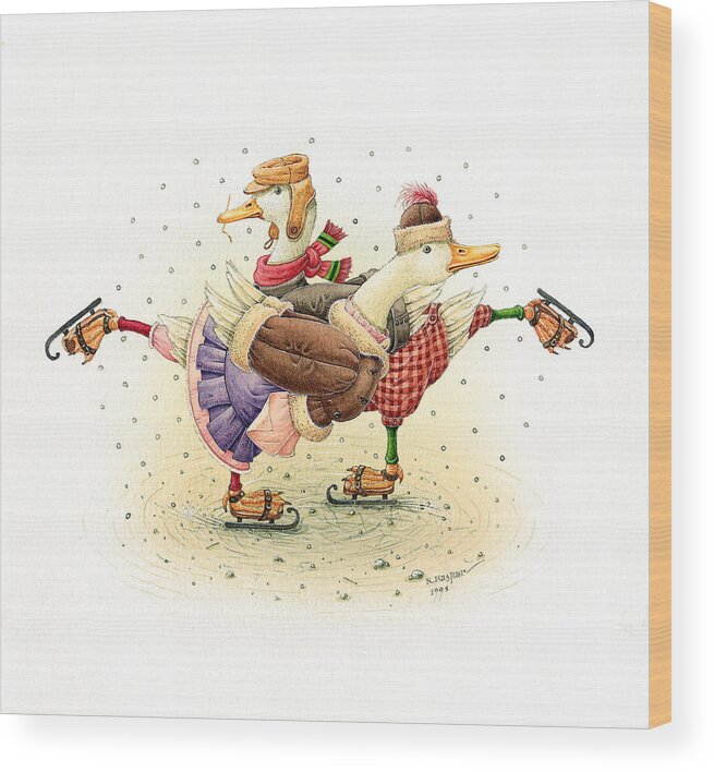 Christmas Greeting Cards Winter Ducks White Holiday Ice Wood Print featuring the painting Ducks Christmas #3 by Kestutis Kasparavicius