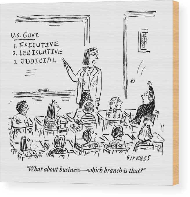 Business Wood Print featuring the drawing A Little Boy Asks His Teacher In The Classroom by David Sipress