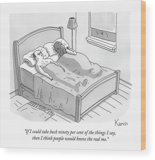 Mid-life Crisis Wood Print featuring the drawing A Man In Bed With His Sleeping Wife by Zachary Kanin