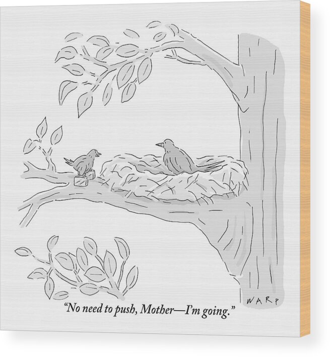 Mothers Wood Print featuring the drawing A Young Bird Carrying Two Small Suitcases Stands by Kim Warp