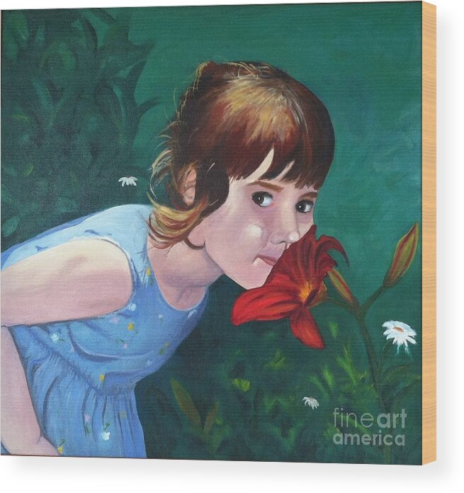 Girl Wood Print featuring the painting Amanda Smells the Flower by Vikki Angel