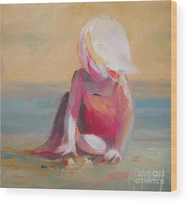 Mary Hubley Wood Print featuring the painting Beach Blonde Girl in the Sand by Mary Hubley