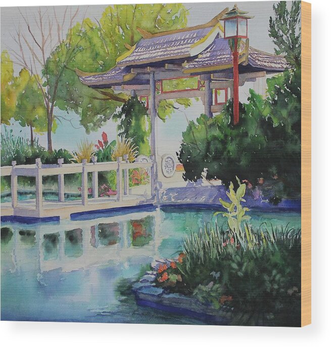 Chinese Pagoda Wood Print featuring the painting Contemplation Garden by Ruth Kamenev
