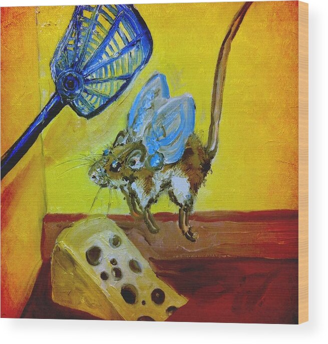 Surrealism Wood Print featuring the painting Darn Mouse Flies on Swiss by Alexandria Weaselwise Busen