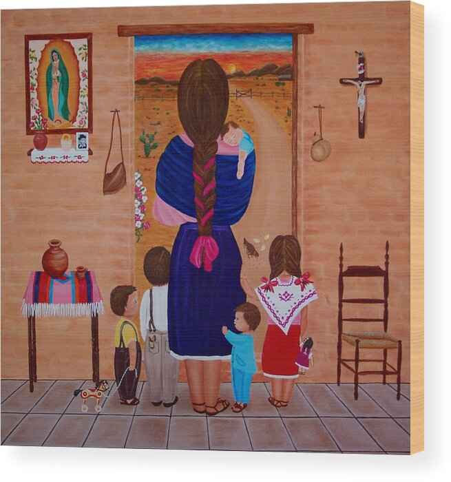 Mother And Children Wood Print featuring the painting Esperando a Papa by Evangelina Portillo