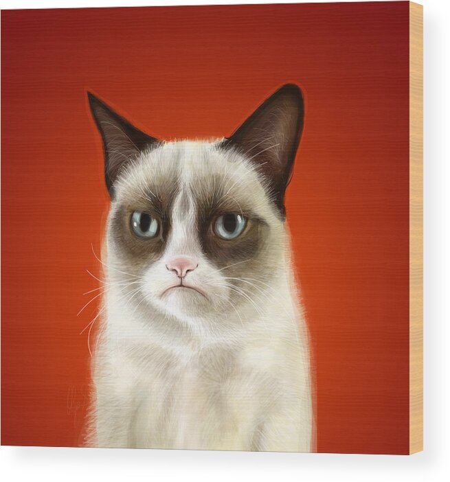 Grumpy Wood Print featuring the digital art Grumpy Cat by Olga Shvartsur