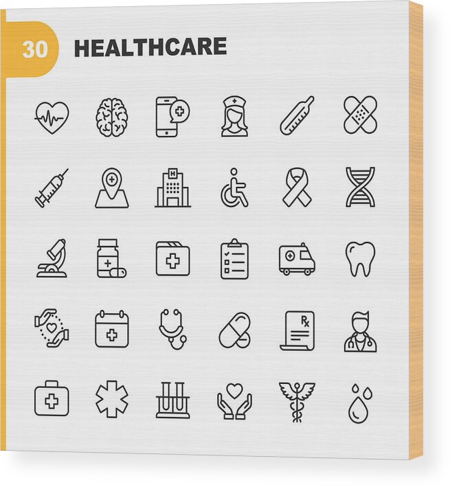 Ambulance Wood Print featuring the drawing Healthcare Line Icons. Editable Stroke. Pixel Perfect. For Mobile and Web. Contains such icons as Hospital, Doctor, Nurse, Medical help, Dental by Rambo182