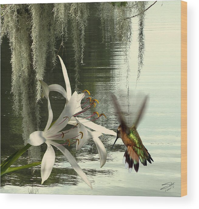  Wood Print featuring the digital art Hummingbird and Swamp Lily by M Spadecaller
