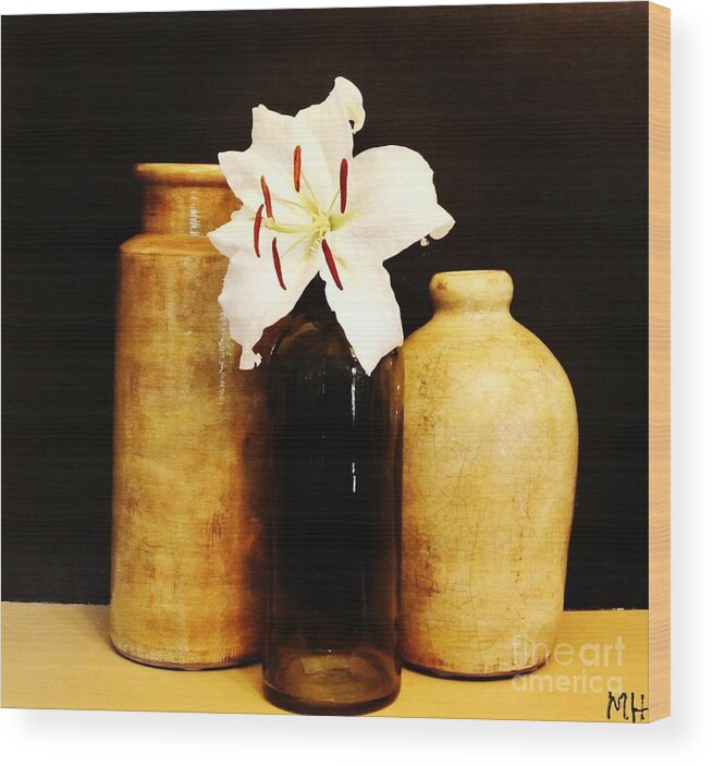 Photo Wood Print featuring the photograph Lily in a Bottle and Pottery by Marsha Heiken