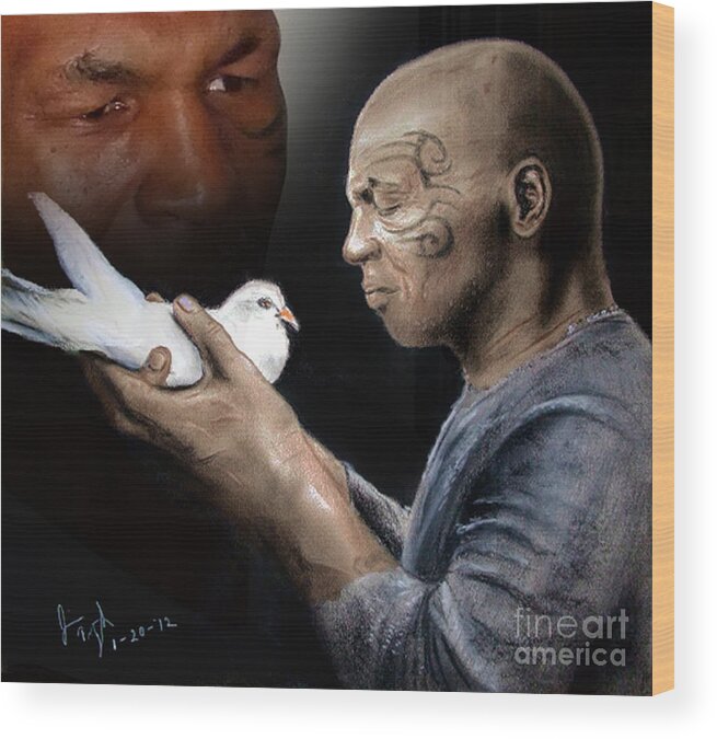 Drawing Wood Print featuring the mixed media Mike Tyson and Pigeon II by Jim Fitzpatrick