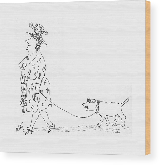 84660 Wst William Steig (smiling Woman Is Leading Dog On Leash. Dog Has Face Of Middle-aged Man Wood Print featuring the drawing New Yorker June 21st, 1969 by William Steig