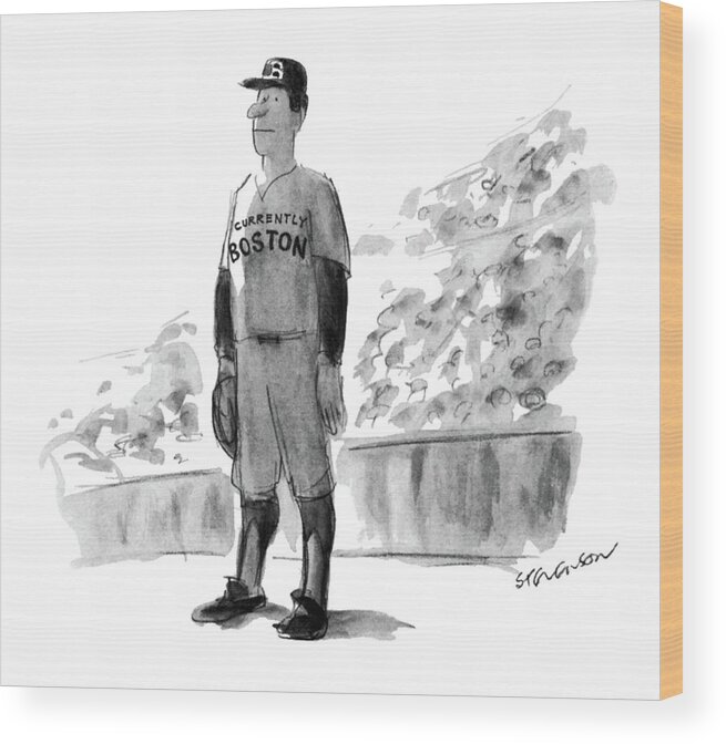 Baseball Player Stands On Field Wearing Jersey Which Reads Wood Print featuring the drawing New Yorker October 5th, 1981 by James Stevenson