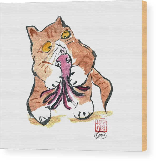 toy Octopus Wood Print featuring the painting Octopus Toy and Tiger Kitty by Ellen Miffitt