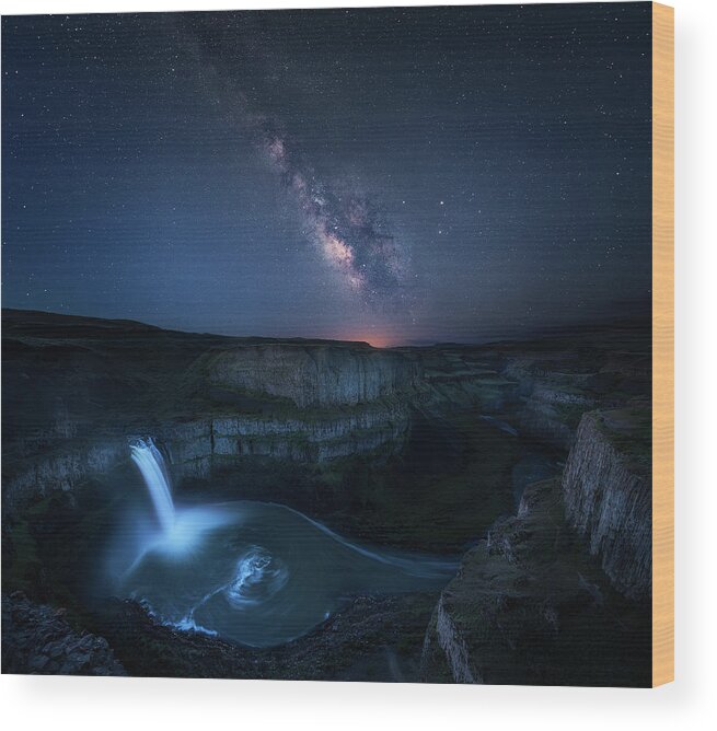Sky Wood Print featuring the photograph Palouse Waterfall And The Milky Way by Jie Chen