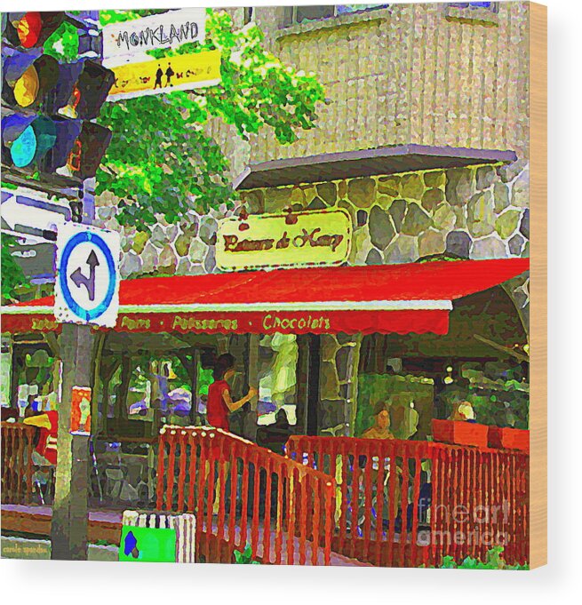 Patisserie De Nancy Wood Print featuring the painting Patisserie De Nancy Bakery French Style Cafe Monkland Ndg Montreal Street Scenes Carole Spandau by Carole Spandau