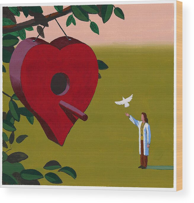 Releasing Wood Print featuring the drawing Physician Releasing Dove by Jonathan Evans