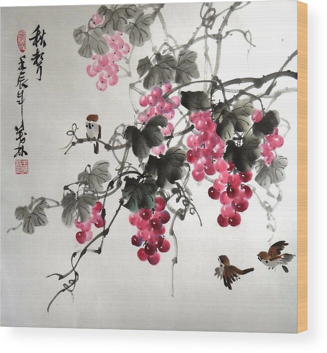 Grapes Wood Print featuring the painting Shusei No. 2 by Mao Lin Wang
