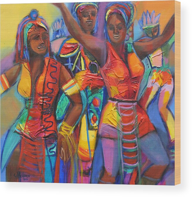 Abstract Wood Print featuring the painting Trinidad Carnival 2 by Cynthia McLean