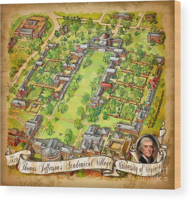 University Of Virginia Wood Print featuring the painting University of Virginia Academical Village with scroll by Maria Rabinky